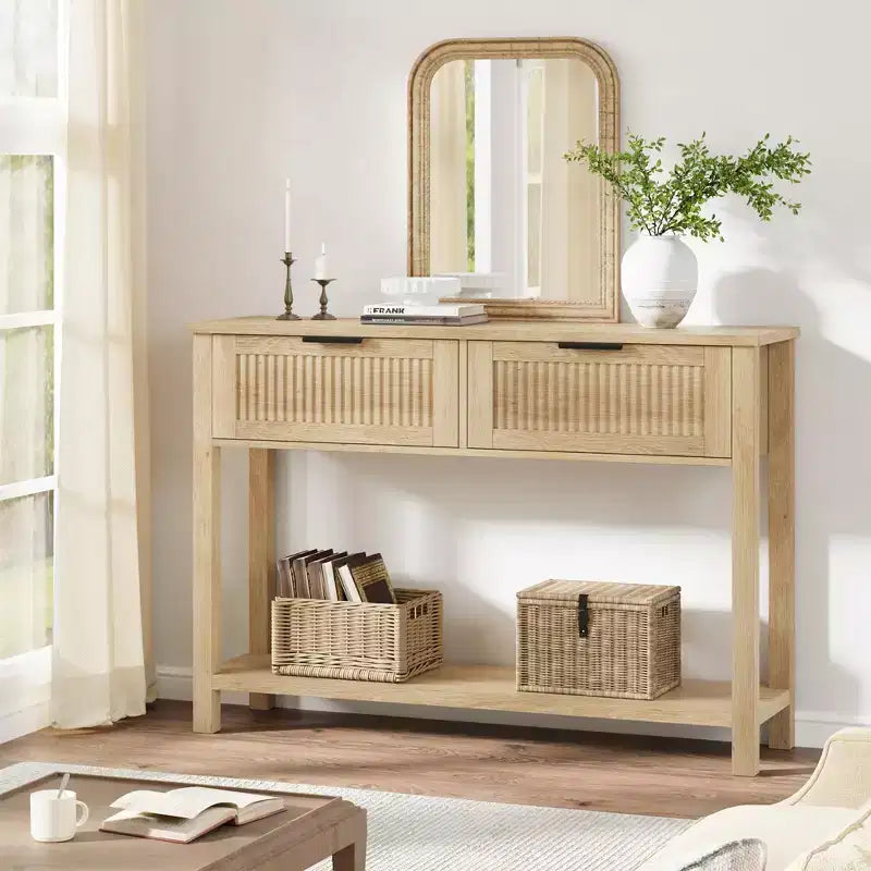 Table console de ferme de 43 pouces avec 2 tiroirs, Table d'entrée cannelée avec rangement, Table de canapé étroite pour couloir