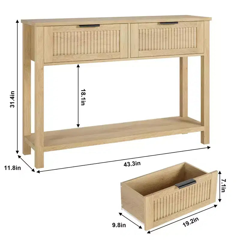 Table console de ferme de 43 pouces avec 2 tiroirs, Table d'entrée cannelée avec rangement, Table de canapé étroite pour couloir