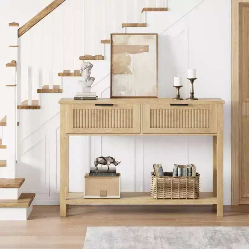 Table console de ferme de 43 pouces avec 2 tiroirs, Table d'entrée cannelée avec rangement, Table de canapé étroite pour couloir