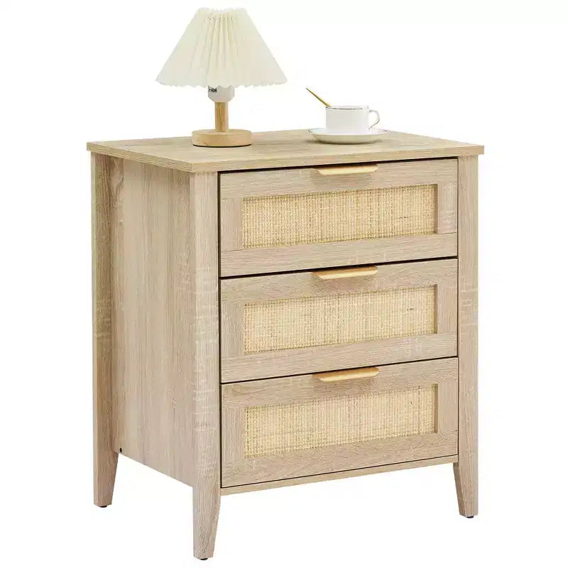 Lot de 2 tables de chevet en rotin, 3 tiroirs en rotin naturel, style ferme, pieds en bois robustes, table d'appoint moderne avec rangement