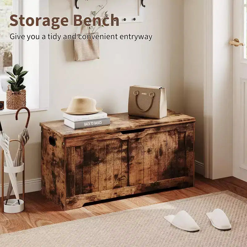 Banc de rangement au design rustique - Coffre de rangement avec 2 charnières de sécurité, 40 x 100 x 48 cm, idéal pour l'entrée, la chambre et le salon