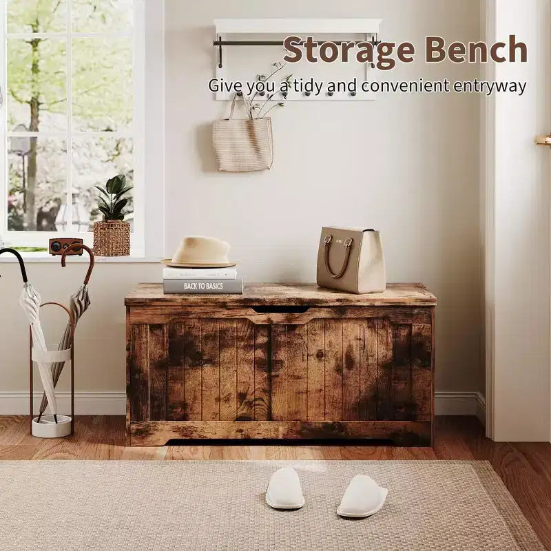 Banc de rangement au design rustique - Coffre de rangement avec 2 charnières de sécurité, 40 x 100 x 48 cm, idéal pour l'entrée, la chambre et le salon