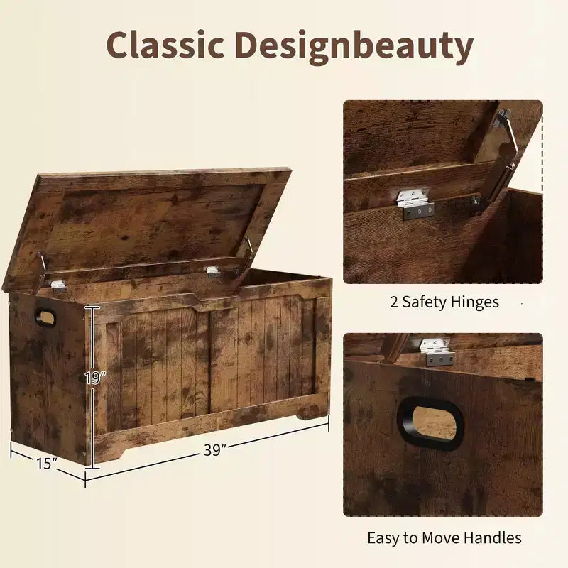 Banc de rangement au design rustique - Coffre de rangement avec 2 charnières de sécurité, 40 x 100 x 48 cm, idéal pour l'entrée, la chambre et le salon