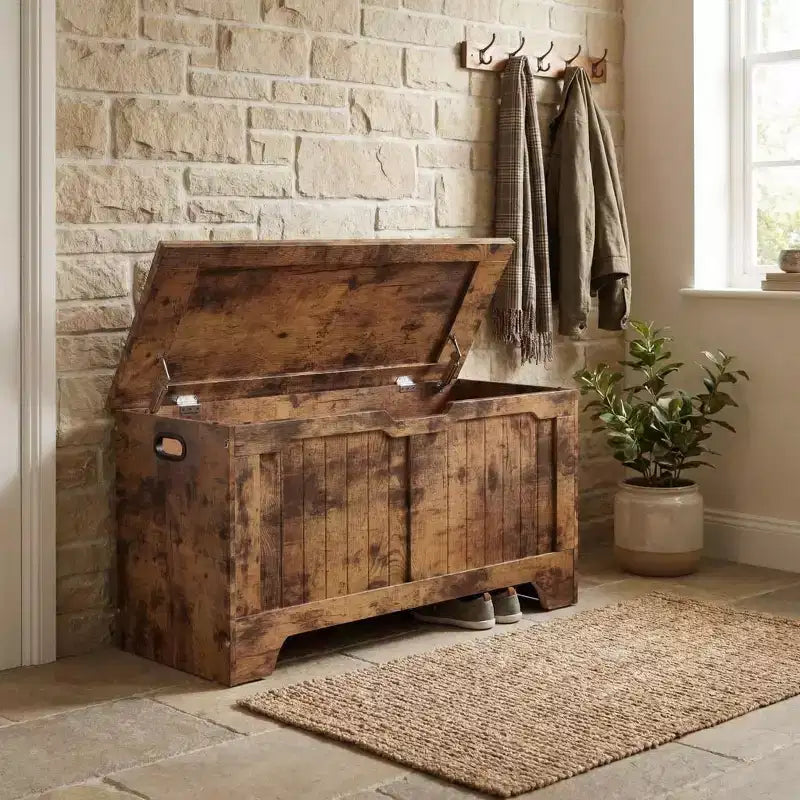 Banc de rangement au design rustique - Coffre de rangement avec 2 charnières de sécurité, 40 x 100 x 48 cm, idéal pour l'entrée, la chambre et le salon