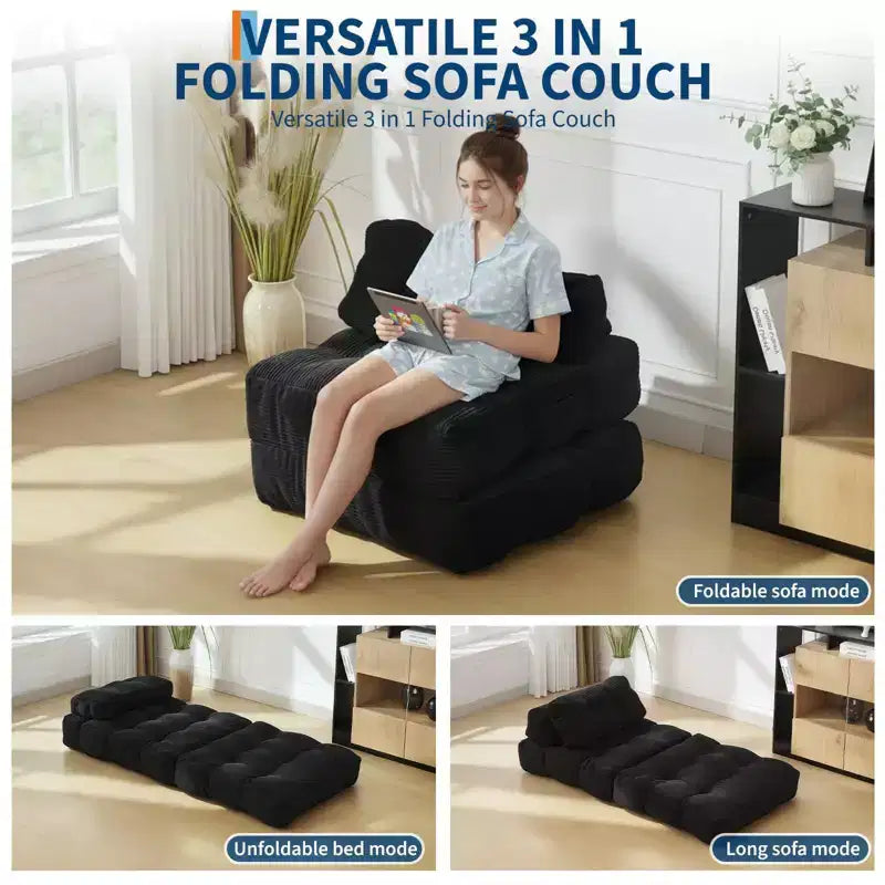 Fauteuil de canapé-lit pliant 2 places, oreiller lombaire ergonomique, mousse déchiquetée, housse lavable en machine, noir