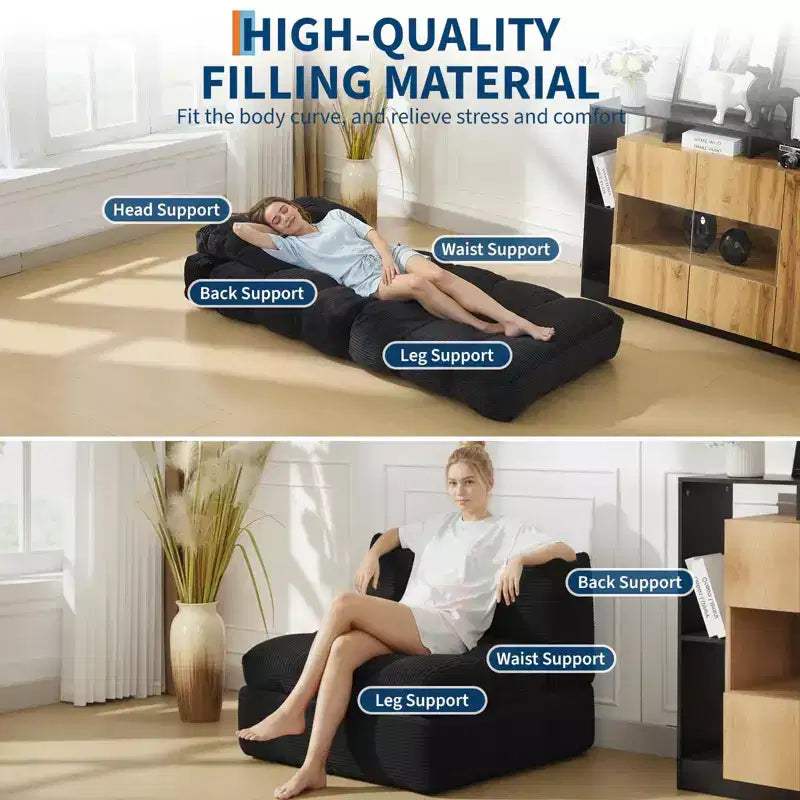 Fauteuil de canapé-lit pliant 2 places, oreiller lombaire ergonomique, mousse déchiquetée, housse lavable en machine, noir