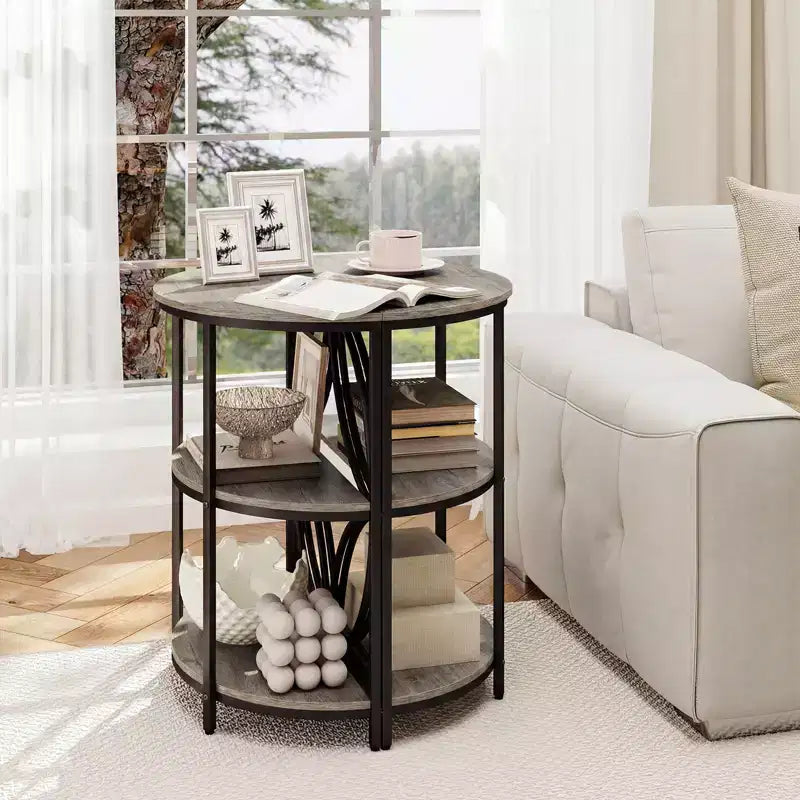 Table d'appoint demi-ronde à 3 niveaux Costway avec étagères de rangement en métal robuste pour salon