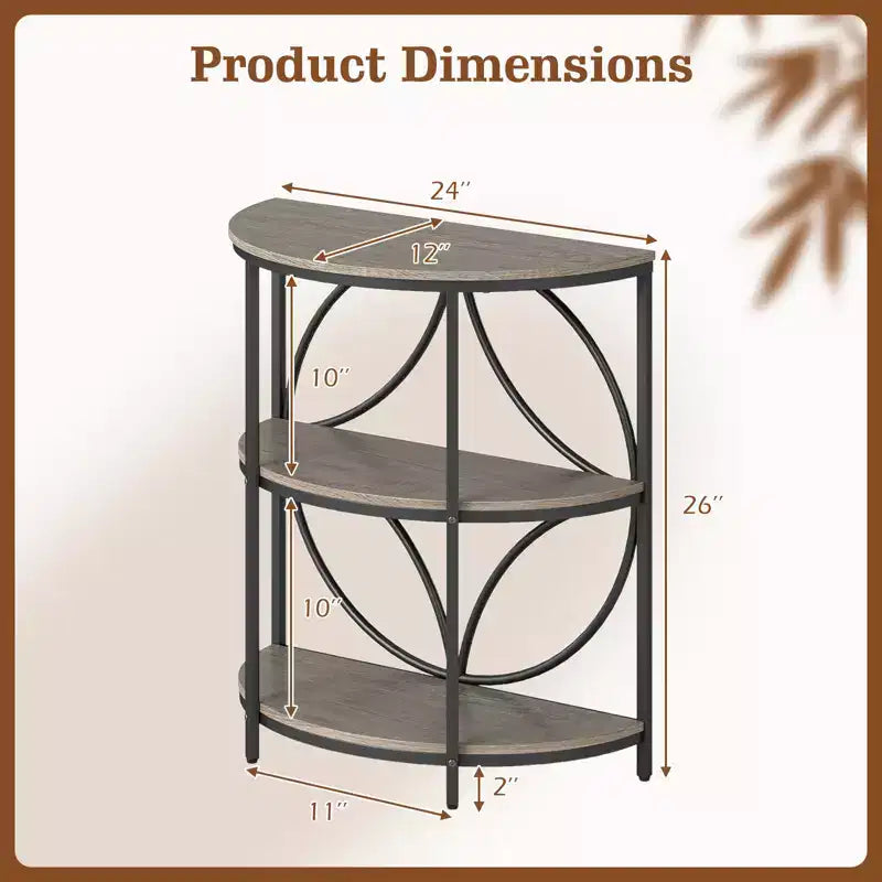 Table d'appoint demi-ronde à 3 niveaux Costway avec étagères de rangement en métal robuste pour salon