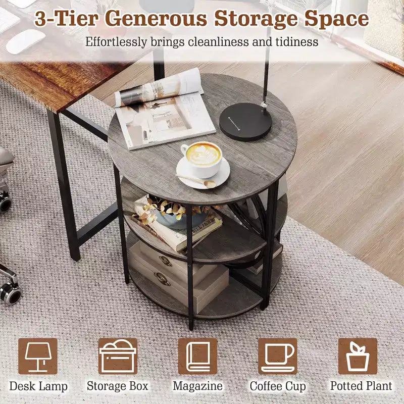 Table d'appoint demi-ronde à 3 niveaux Costway avec étagères de rangement en métal robuste pour salon