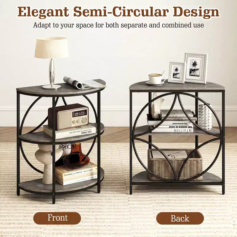 Table d'appoint demi-ronde à 3 niveaux Costway avec étagères de rangement en métal robuste pour salon
