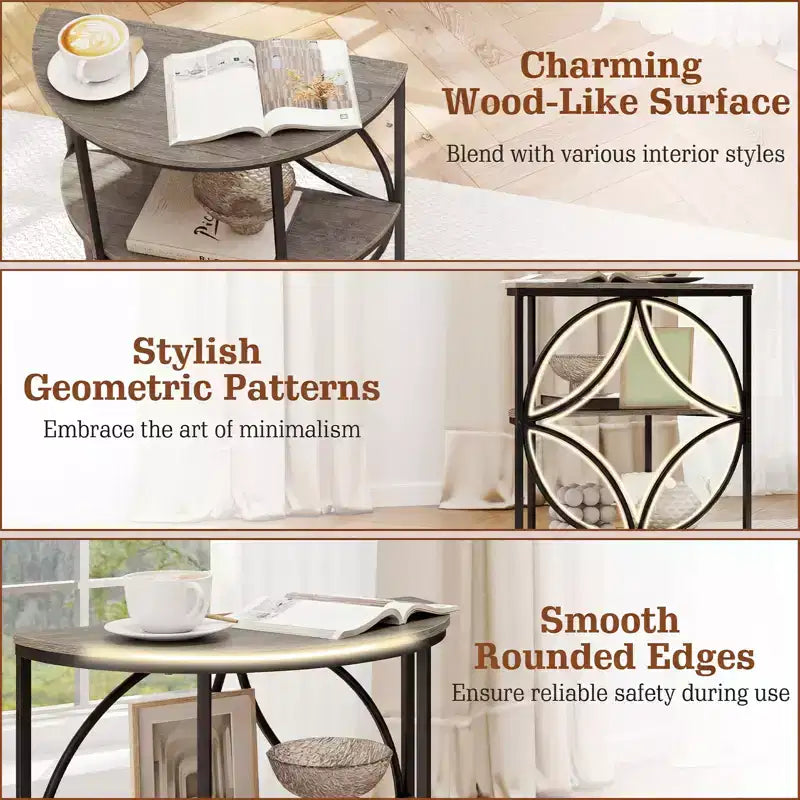 Table d'appoint demi-ronde à 3 niveaux Costway avec étagères de rangement en métal robuste pour salon