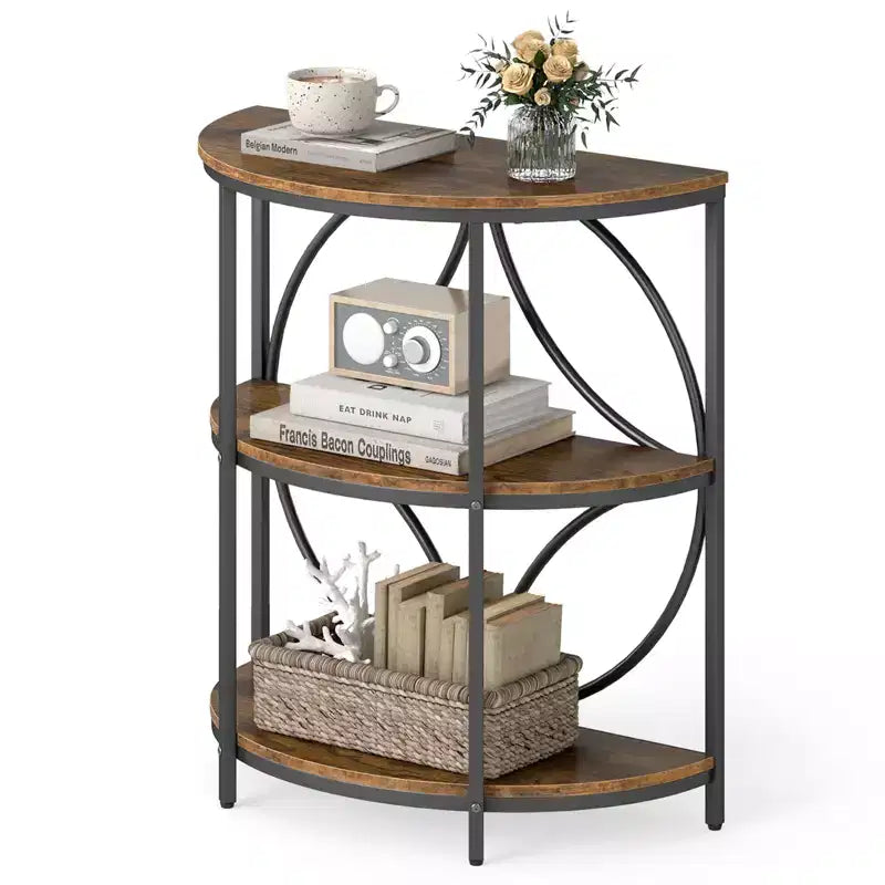 Costway 3-Tier Half Round End Table w/Study Metal Frame Storage Shelves for Living Room Rustic Brown