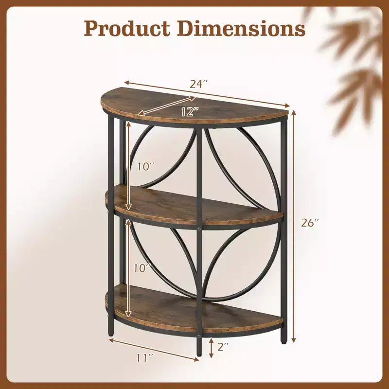 Table d'appoint demi-ronde à 3 niveaux Costway avec étagères de rangement en métal robuste pour salon, marron rustique