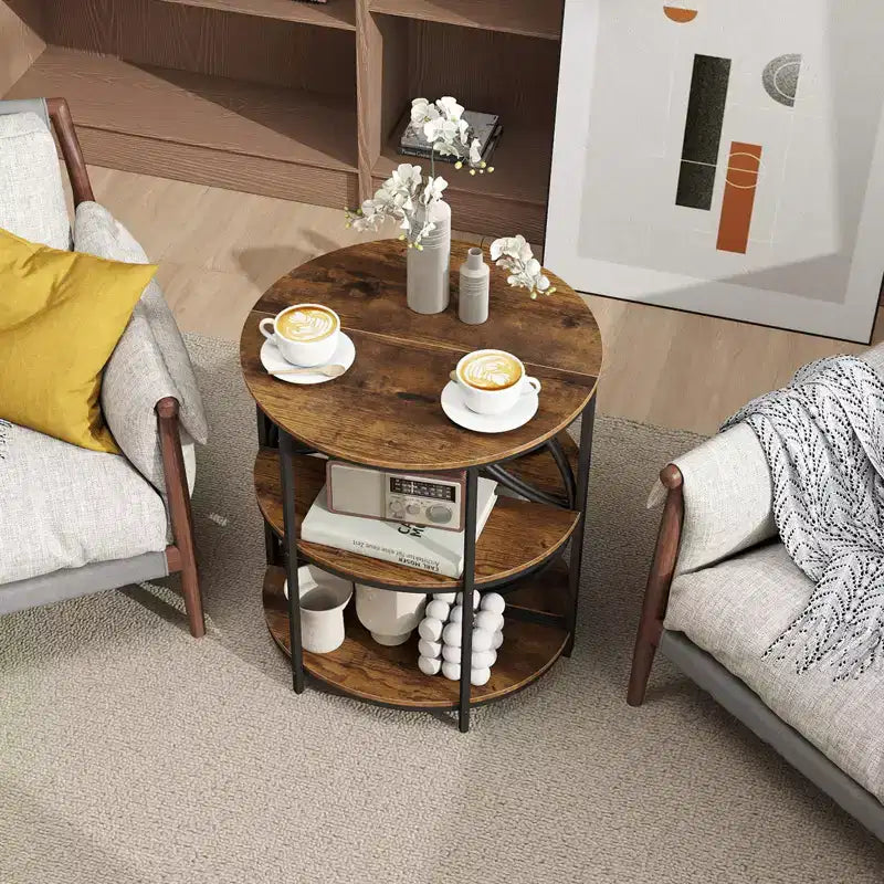 Table d'appoint demi-ronde à 3 niveaux Costway avec étagères de rangement en métal robuste pour salon, marron rustique