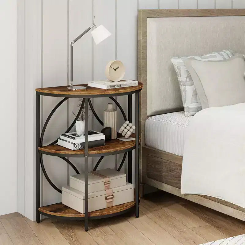 Table d'appoint demi-ronde à 3 niveaux Costway avec étagères de rangement en métal robuste pour salon, marron rustique