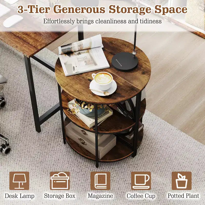Table d'appoint demi-ronde à 3 niveaux Costway avec étagères de rangement en métal robuste pour salon, marron rustique