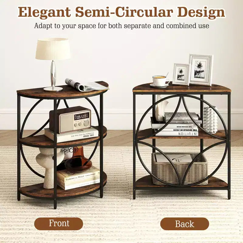 Table d'appoint demi-ronde à 3 niveaux Costway avec étagères de rangement en métal robuste pour salon, marron rustique