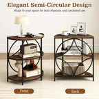 Table d'appoint demi-ronde à 3 niveaux Costway avec étagères de rangement en métal robuste pour salon, marron rustique