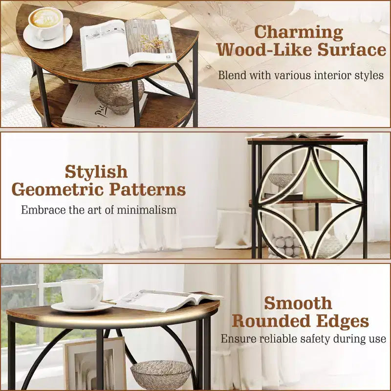 Table d'appoint demi-ronde à 3 niveaux Costway avec étagères de rangement en métal robuste pour salon, marron rustique