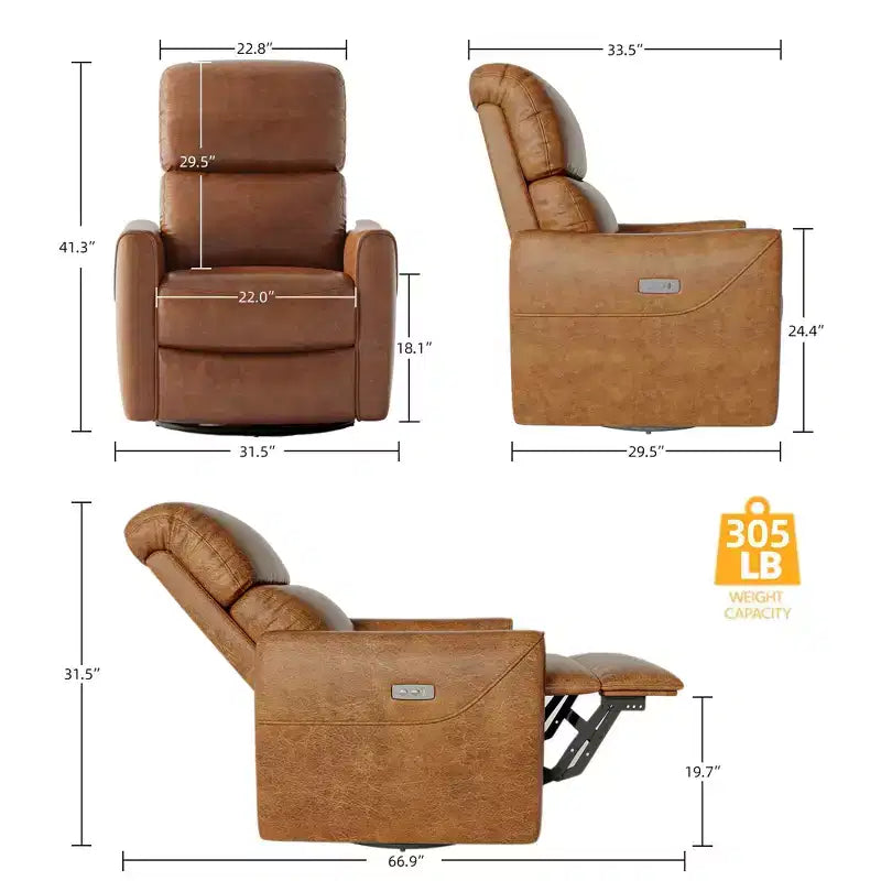 Fauteuil inclinable, pivotant et basculant électrique, en similicuir avec repose-pieds réglable, dossier haut, support lombaire et port USB, planeur pour salon et chambre de bébé