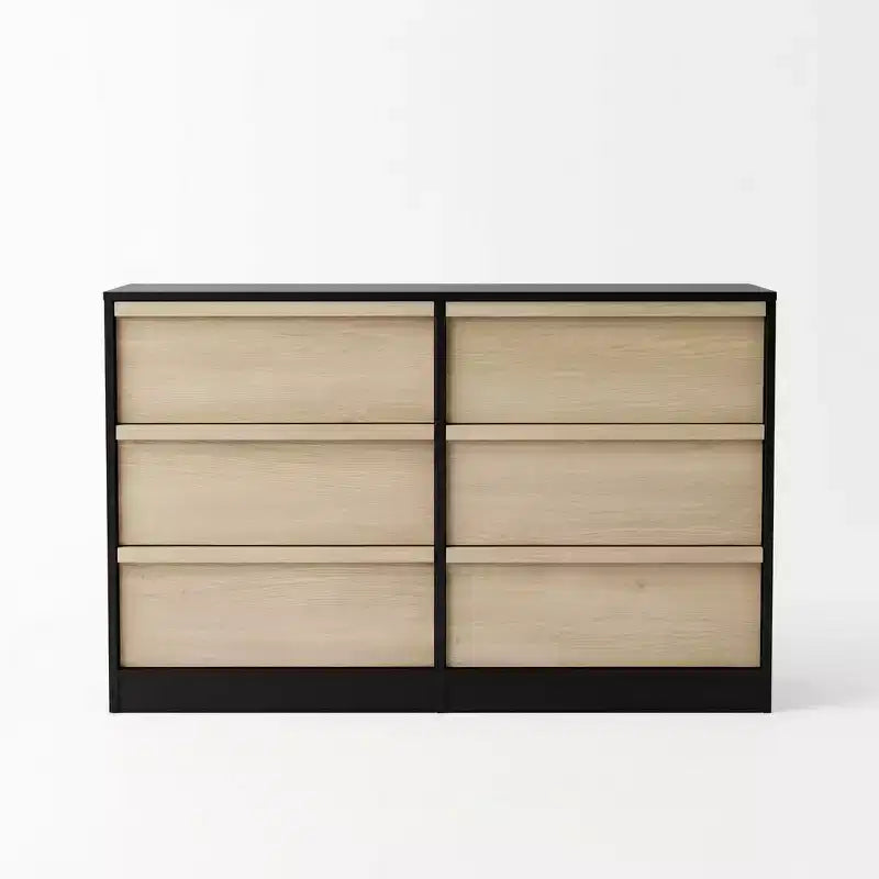 Modern Black Wood Grain Paper Double Dresser Organizer with 6 Drawers Large Storage