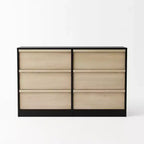 Modern Black Wood Grain Paper Double Dresser Organizer with 6 Drawers Large Storage