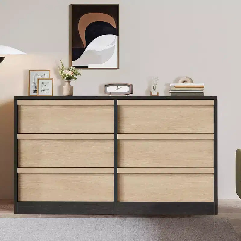 Grande commode double organisatrice en papier grain de bois noir moderne avec 6 tiroirs grand rangement