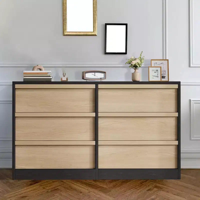 Grande commode double organisatrice en papier grain de bois noir moderne avec 6 tiroirs grand rangement
