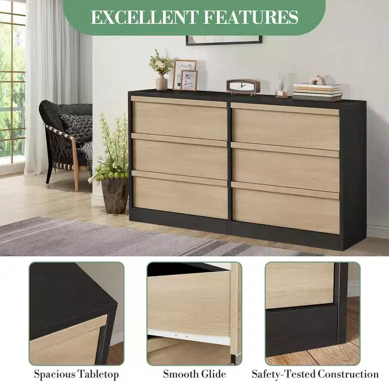 Grande commode double organisatrice en papier grain de bois noir moderne avec 6 tiroirs grand rangement