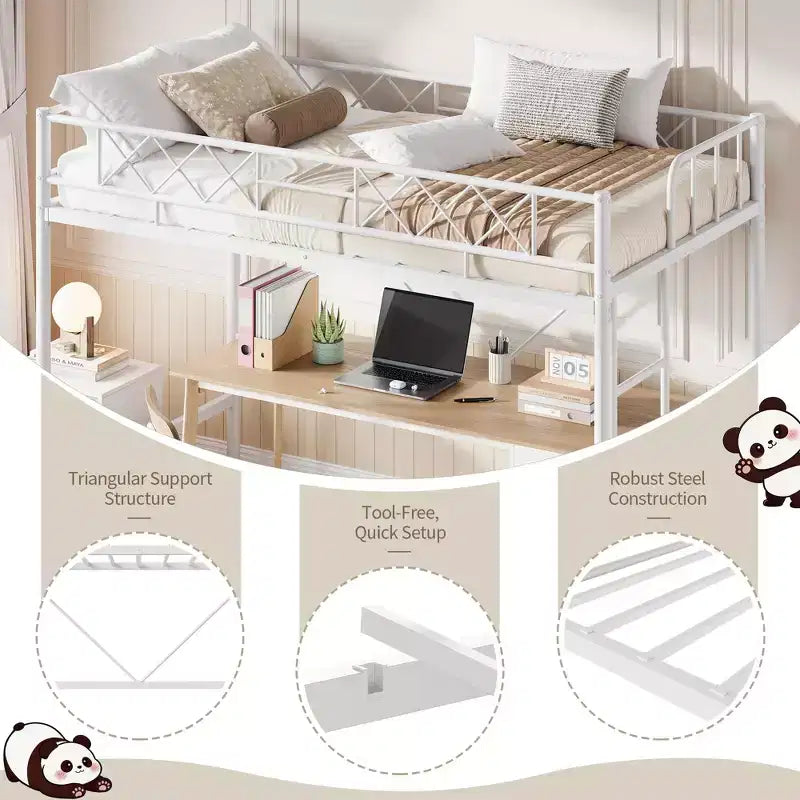 Lit superposé jumeau sur grand en métal robuste, construction solide et silencieuse avec échelle et barrières de sécurité, design peu encombrant, aucun sommier tapissier requis