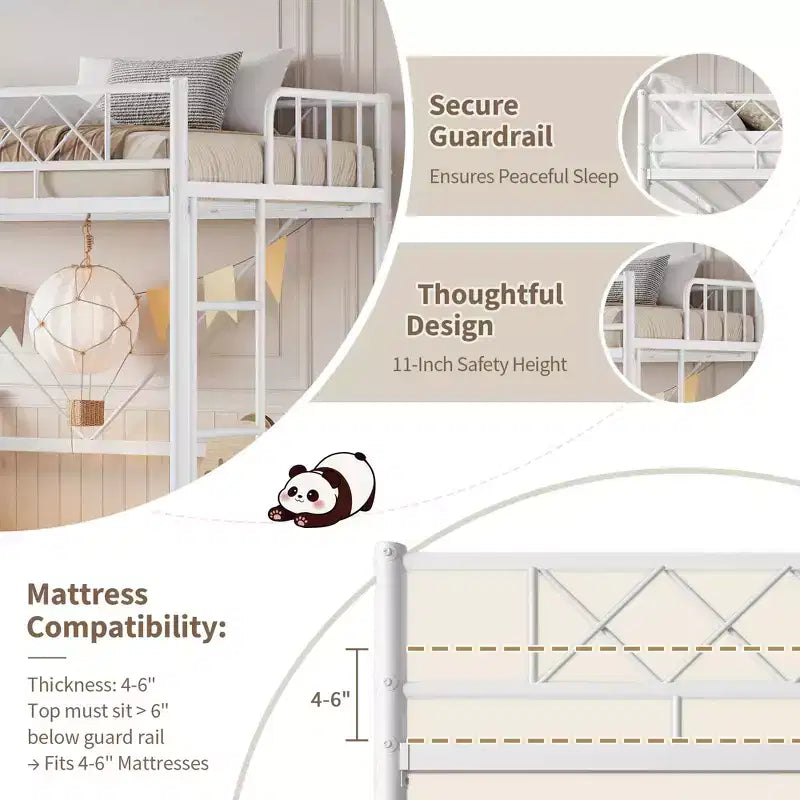 Lit superposé jumeau sur grand en métal robuste, construction solide et silencieuse avec échelle et barrières de sécurité, design peu encombrant, aucun sommier tapissier requis
