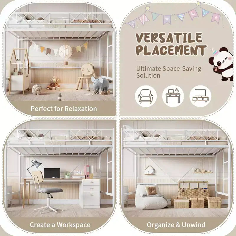 Lit superposé jumeau sur grand en métal robuste, construction solide et silencieuse avec échelle et barrières de sécurité, design peu encombrant, aucun sommier tapissier requis
