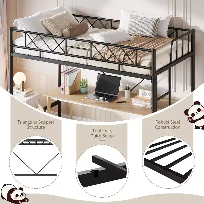 Lit superposé jumeau sur grand en métal robuste, construction solide et silencieuse avec échelle et barrières de sécurité, design peu encombrant, aucun sommier tapissier requis