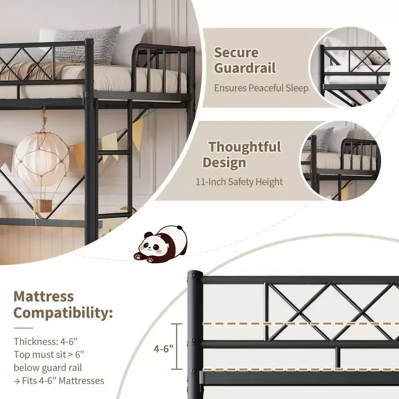 Lit superposé jumeau sur grand en métal robuste, construction solide et silencieuse avec échelle et barrières de sécurité, design peu encombrant, aucun sommier tapissier requis