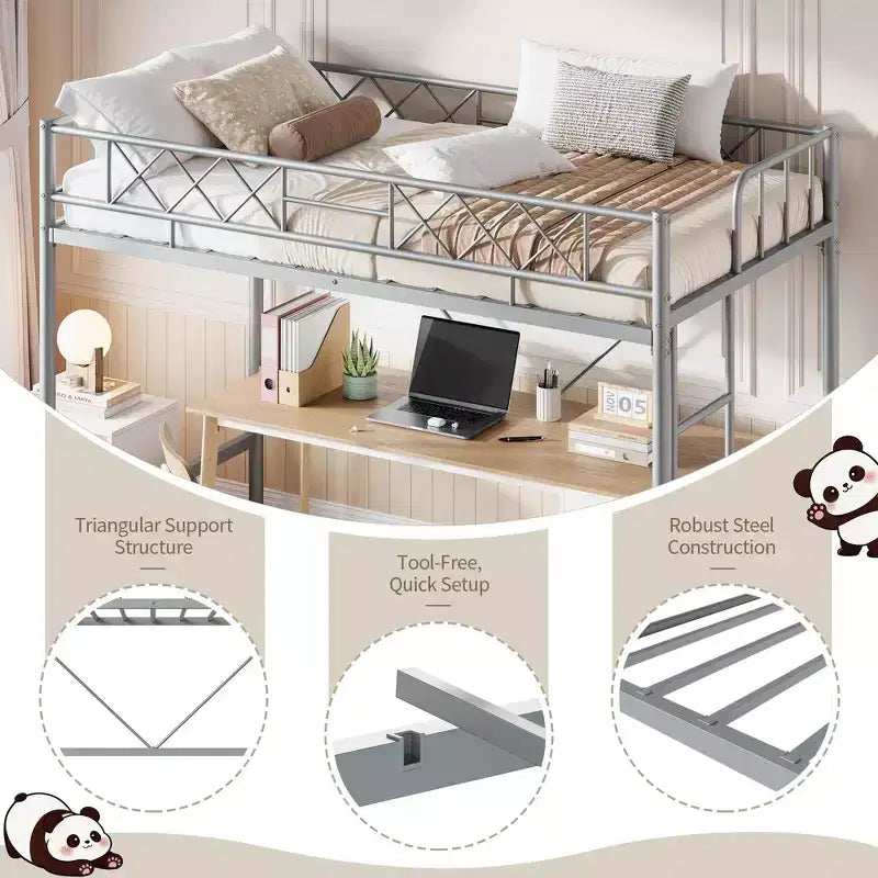Lit superposé jumeau sur grand en métal robuste, construction solide et silencieuse avec échelle et barrières de sécurité, design peu encombrant, aucun sommier tapissier requis