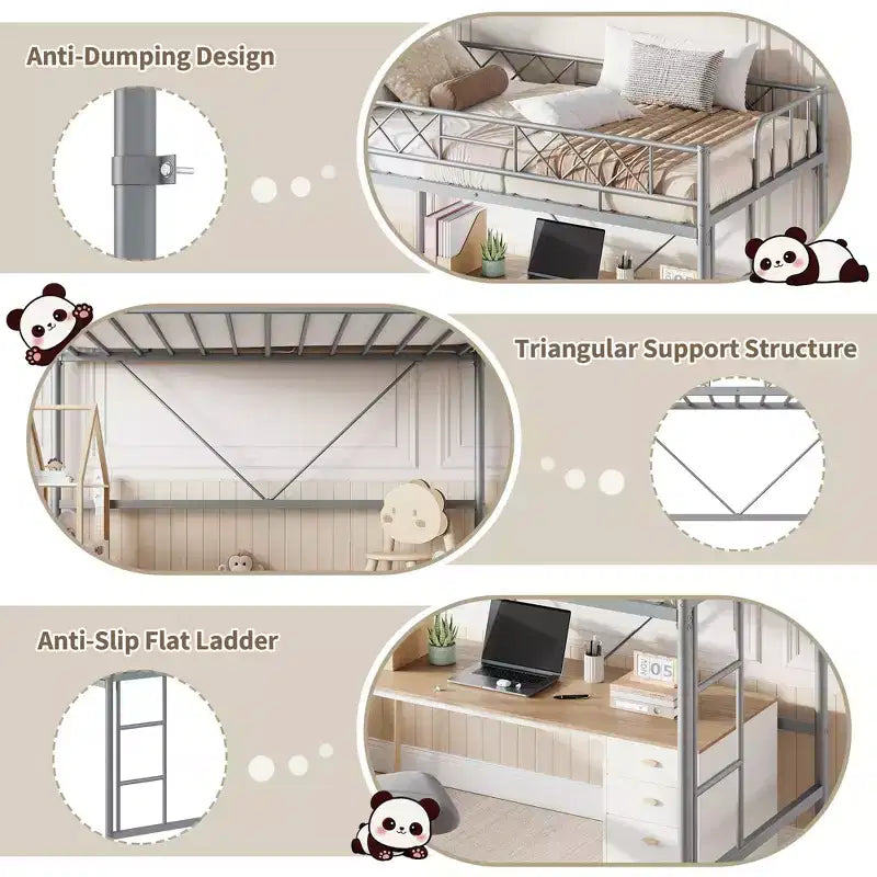 Lit superposé jumeau sur grand en métal robuste, construction solide et silencieuse avec échelle et barrières de sécurité, design peu encombrant, aucun sommier tapissier requis