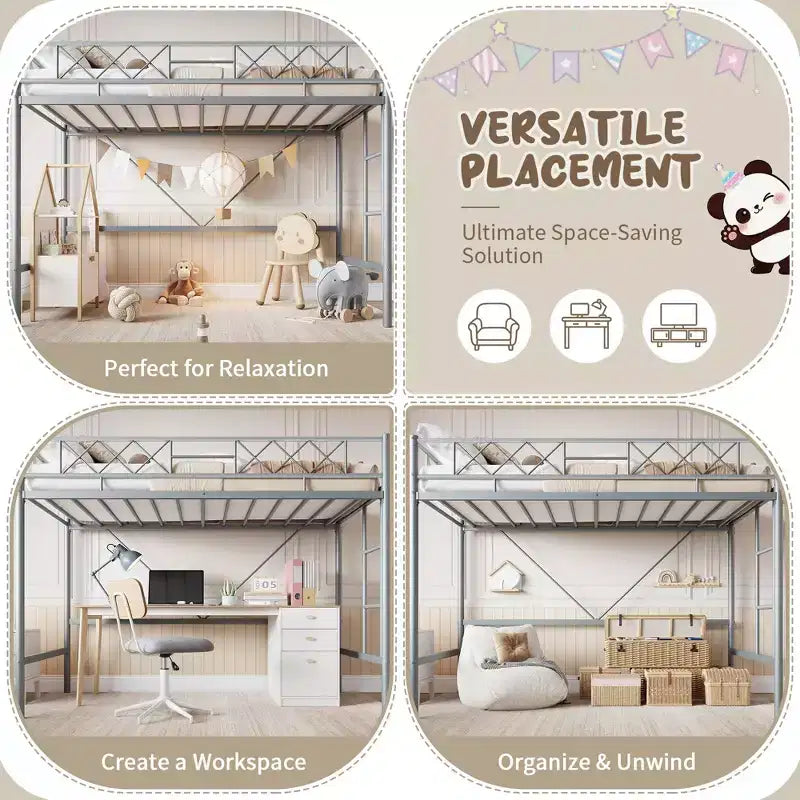 Lit superposé jumeau sur grand en métal robuste, construction solide et silencieuse avec échelle et barrières de sécurité, design peu encombrant, aucun sommier tapissier requis