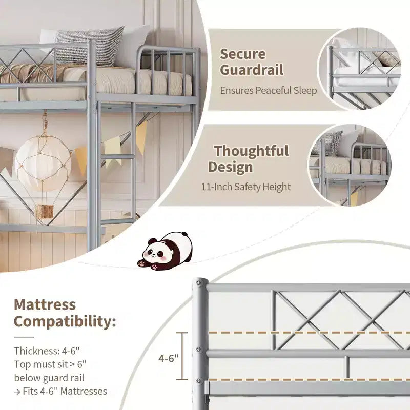 Lit superposé jumeau sur grand en métal robuste, construction solide et silencieuse avec échelle et barrières de sécurité, design peu encombrant, aucun sommier tapissier requis