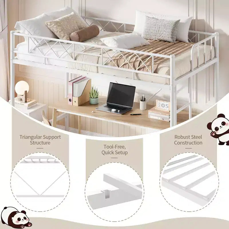Lit superposé jumeau sur grand en métal robuste, construction solide et silencieuse avec échelle et barrières de sécurité, design peu encombrant, aucun sommier tapissier requis