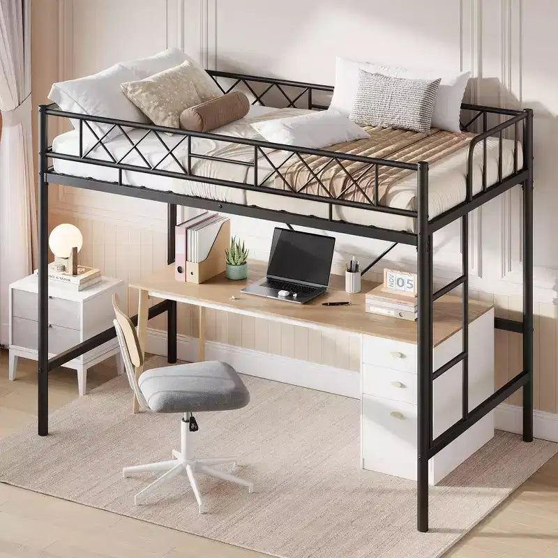 Lit superposé jumeau sur grand en métal robuste, construction solide et silencieuse avec échelle et barrières de sécurité, design peu encombrant, aucun sommier tapissier requis