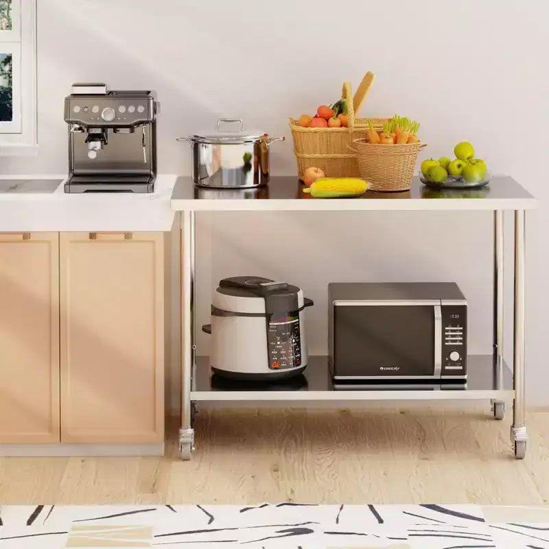 Table de préparation en acier inoxydable à 2 niveaux avec étagère inférieure réglable et pieds préinstallés, tables de préparation professionnelles pour cuisine, restaurant, maison