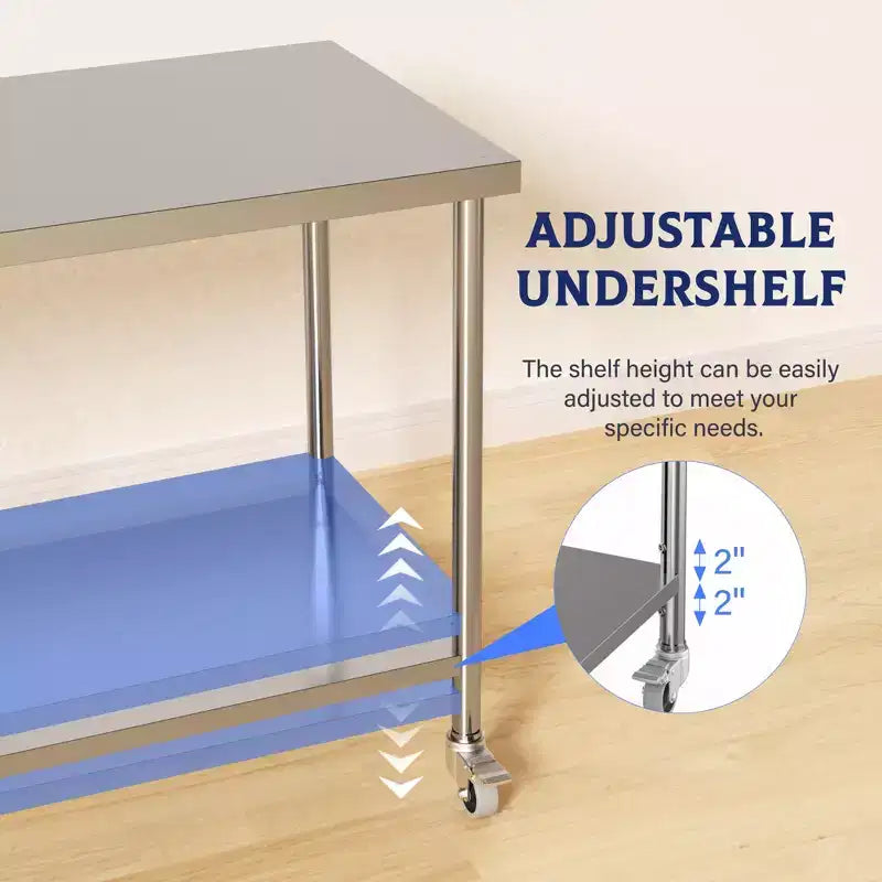 Table de préparation en acier inoxydable à 2 niveaux avec étagère inférieure réglable et pieds préinstallés, tables de préparation professionnelles pour cuisine, restaurant, maison