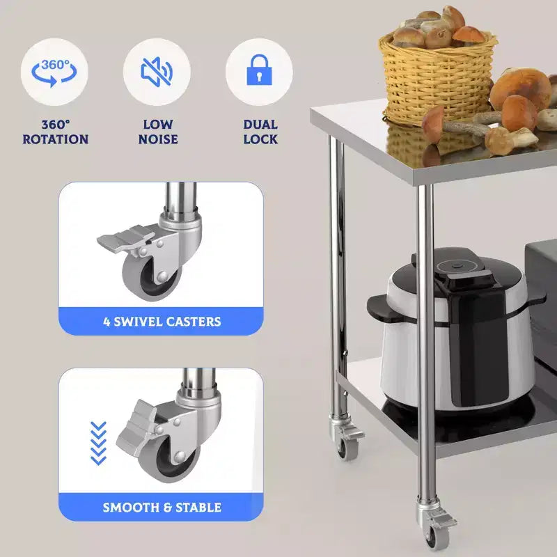 Table de préparation en acier inoxydable à 2 niveaux avec étagère inférieure réglable et pieds préinstallés, tables de préparation professionnelles pour cuisine, restaurant, maison