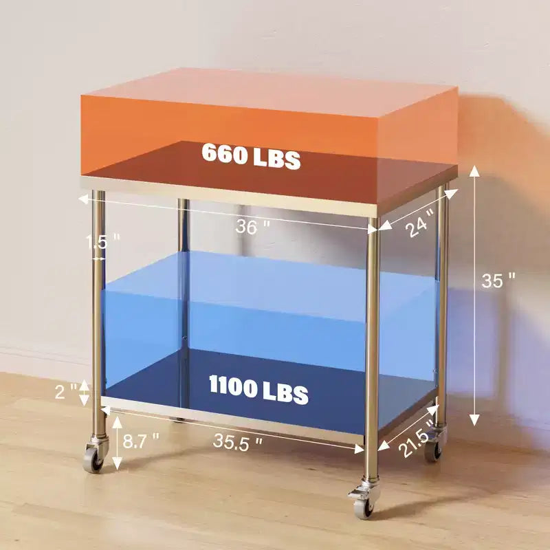 Table de préparation en acier inoxydable à 2 niveaux avec étagère inférieure réglable et pieds préinstallés, tables de préparation professionnelles pour cuisine, restaurant, maison