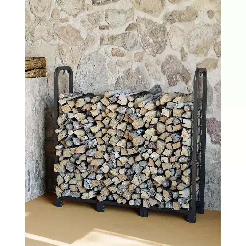 4FT Steel Firewood Rack, Adjustable Log Holder for Indoor & Outdoor Use, Wood Storage Organizer for Fireplace and Fire Pit, Matte Black