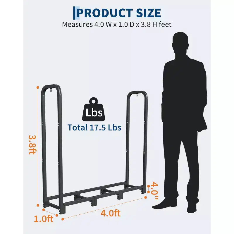 Range-bûches en acier de 4 pieds, support à bûches réglable pour intérieur et extérieur, organisateur de bois pour cheminée et brasero, noir mat