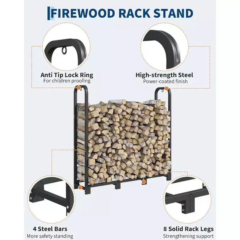 Range-bûches en acier de 4 pieds, support à bûches réglable pour intérieur et extérieur, organisateur de bois pour cheminée et brasero, noir mat