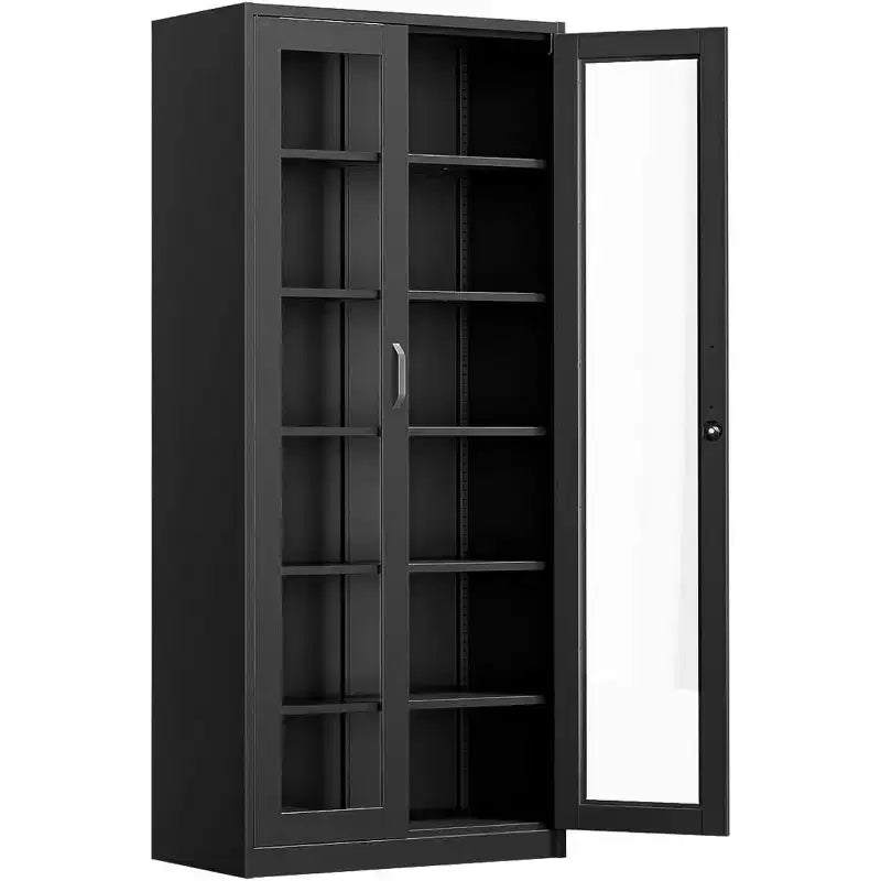 VINGLI Lockable Display Cabinet with Glass Doors & 5 Adjustable Shelves, 71 Tall Black Metal Storage Cabinet Curio Liquor, Bookshelf Bookcase