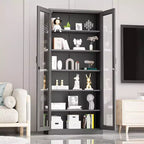 Armoire de présentation VINGLI verrouillable avec portes vitrées et 5 étagères réglables, meuble de rangement en métal noir de 180 cm, vitrine, bar à liqueurs, bibliothèque.