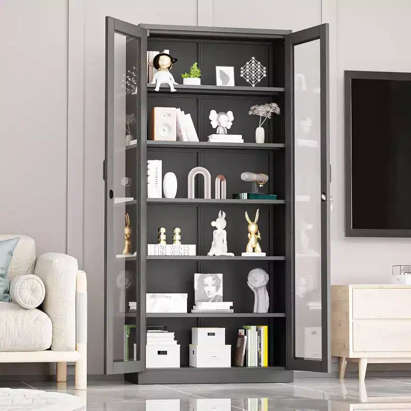 Armoire de présentation VINGLI verrouillable avec portes vitrées et 5 étagères réglables, meuble de rangement en métal noir de 180 cm, vitrine, bar à liqueurs, bibliothèque.